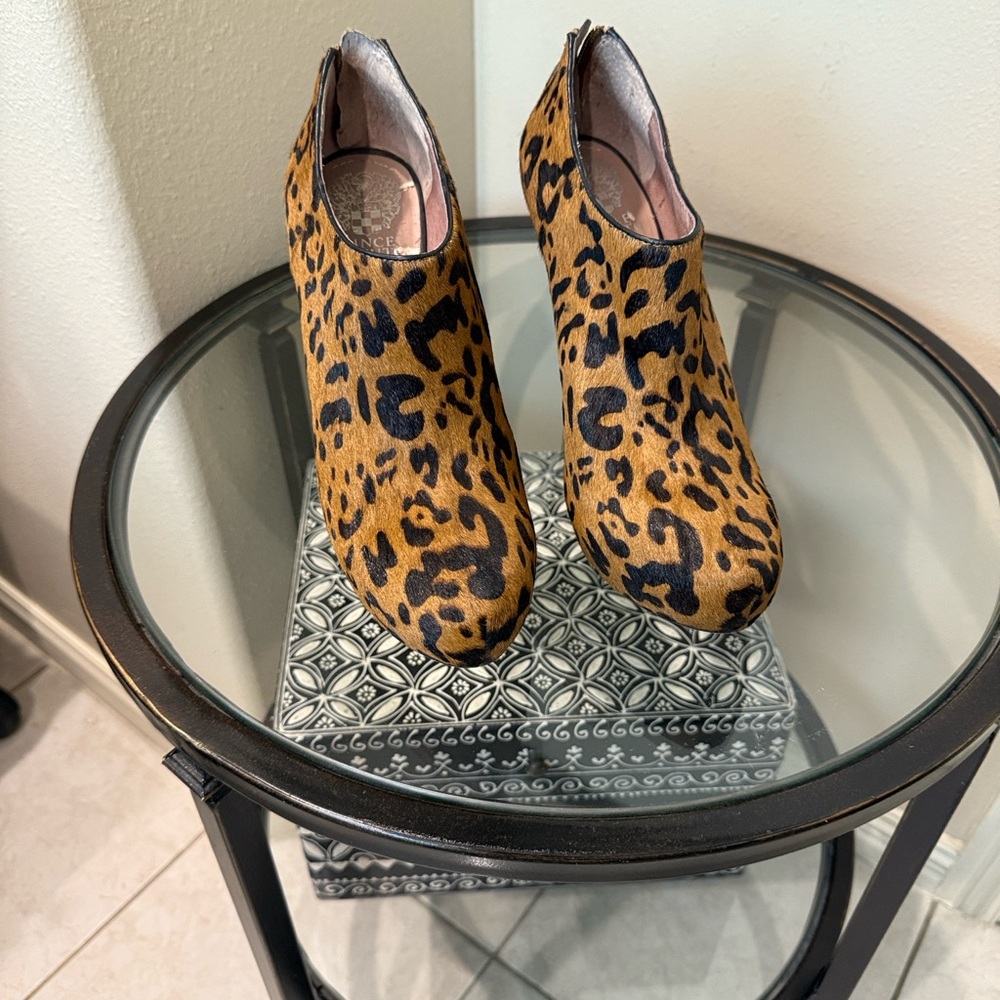 Vince Camuto Tan and Black Leopard Ankle Boots